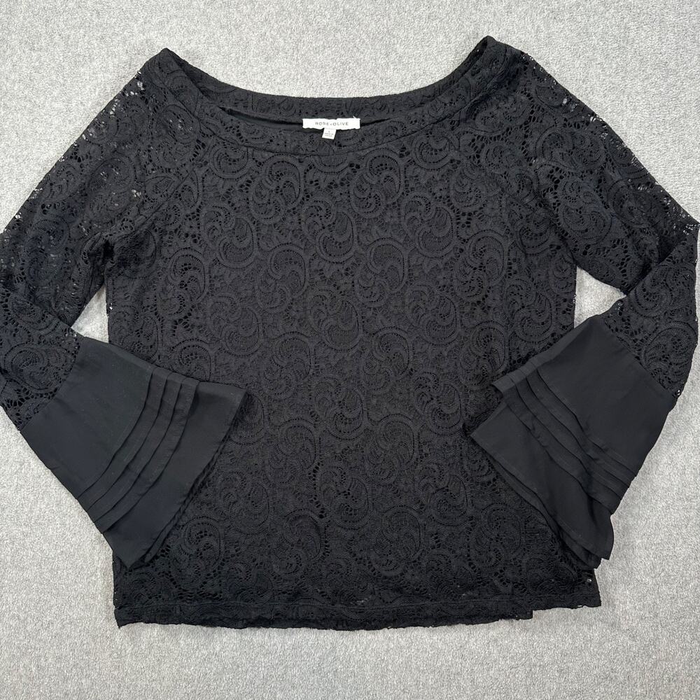Rose + Olive Black Lace Sheer Bell Sleeve Blouse Women's Large Boat Neck Top